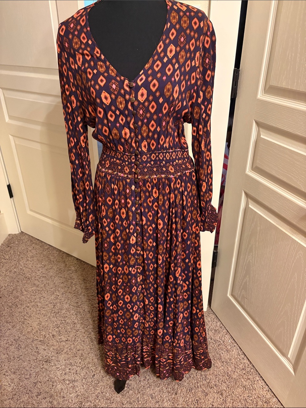 Boho Printed V-Neck Maxi Dress in Navy and Rust, Brown, Pink Geometric print